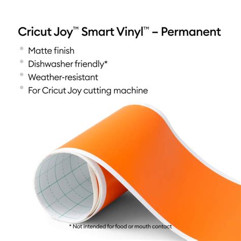 2009836 - Cricut Joy Permanent Smart Vinyl Orange; 1 roll 5.5 in x 48 in (13.9 cm x 121.9 cm); Matte finish; Works without a machine mat – just load & go!; Dishwasher friendly; Weather-resistant, ideal for outdoor projects; For Cricut Joy™